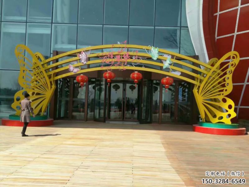 城關蝴蝶拱門雕塑，鏤空烤漆效果，不銹鋼小區標識雕塑